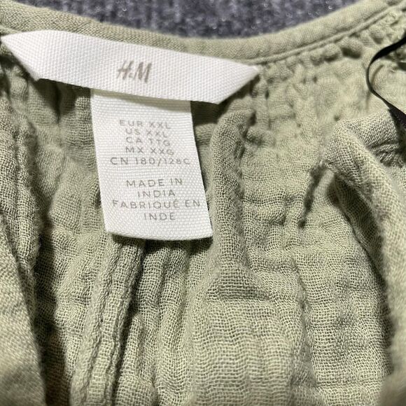 H&M Shirt Womens 2XL Green Crinkle Gauze Peasant Tunic 3/4 Sleeve Lace Up Boho - Picture 4 of 9